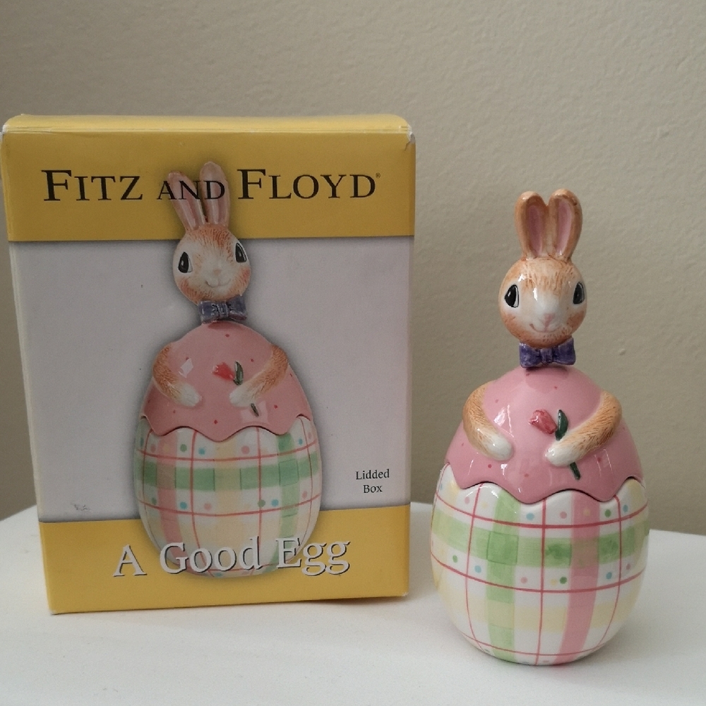Fitz and Floyd New In Box 'A Good Egg' Spring Lidded Trinket Bunny Bobble Head